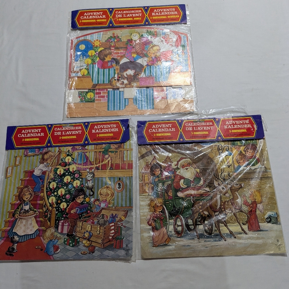 3 VTG 3D Advent Calendars GEMO Denmark Cardstock Christmas Scene New